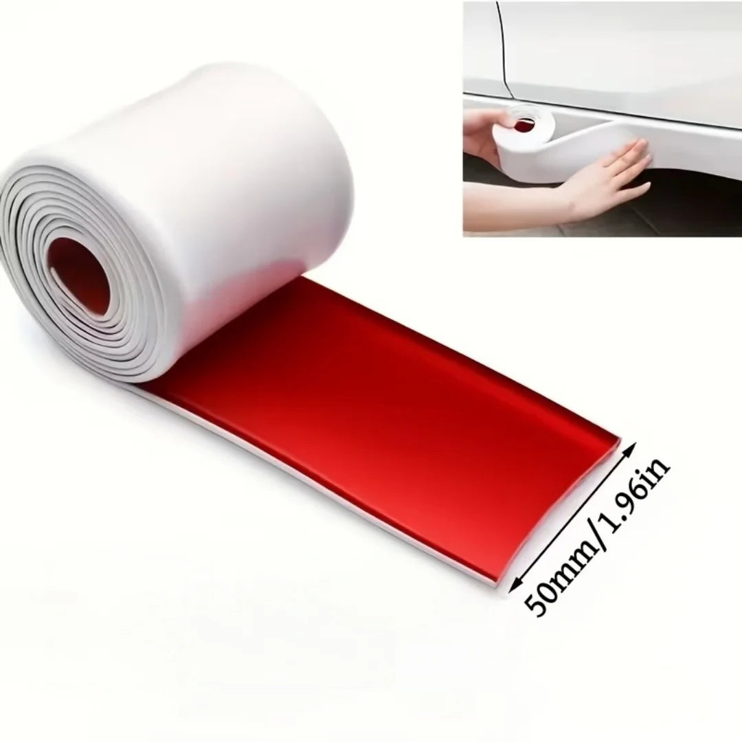 Roll of self-adhesive PVC car side skirt and door edge protection strip with a measurement guide.