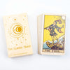 A yellow tarot card depicting The Fool, a figure standing on a cliff with a sack and a crescent moon.