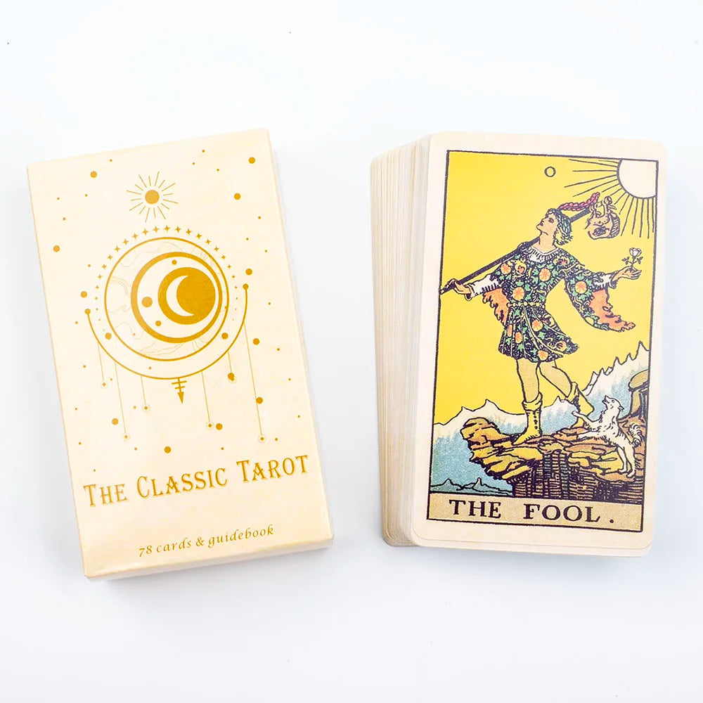 A yellow tarot card depicting The Fool, a figure standing on a cliff with a sack and a crescent moon.