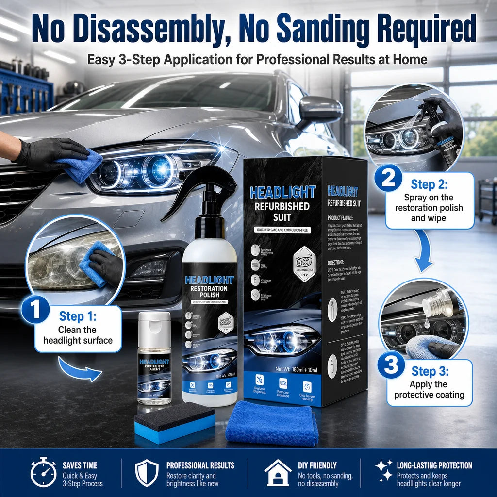 A three-step application process for restoring car headlights using a specialized polish and coating kit.