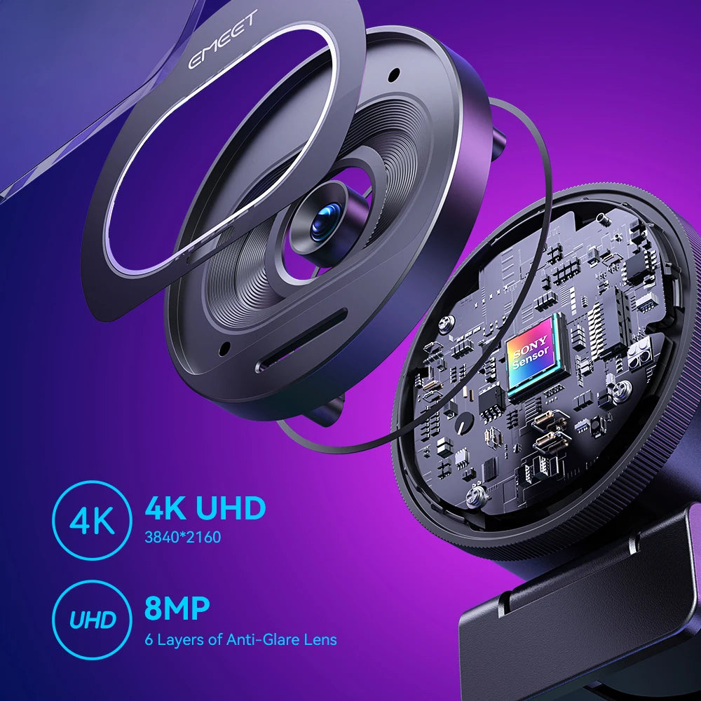 لقطة مقربة لعدسة كاميرا ويب سوداء بدقة 4K مع ميزات مضادة للتوهج وتفاصيل المستشعر.
