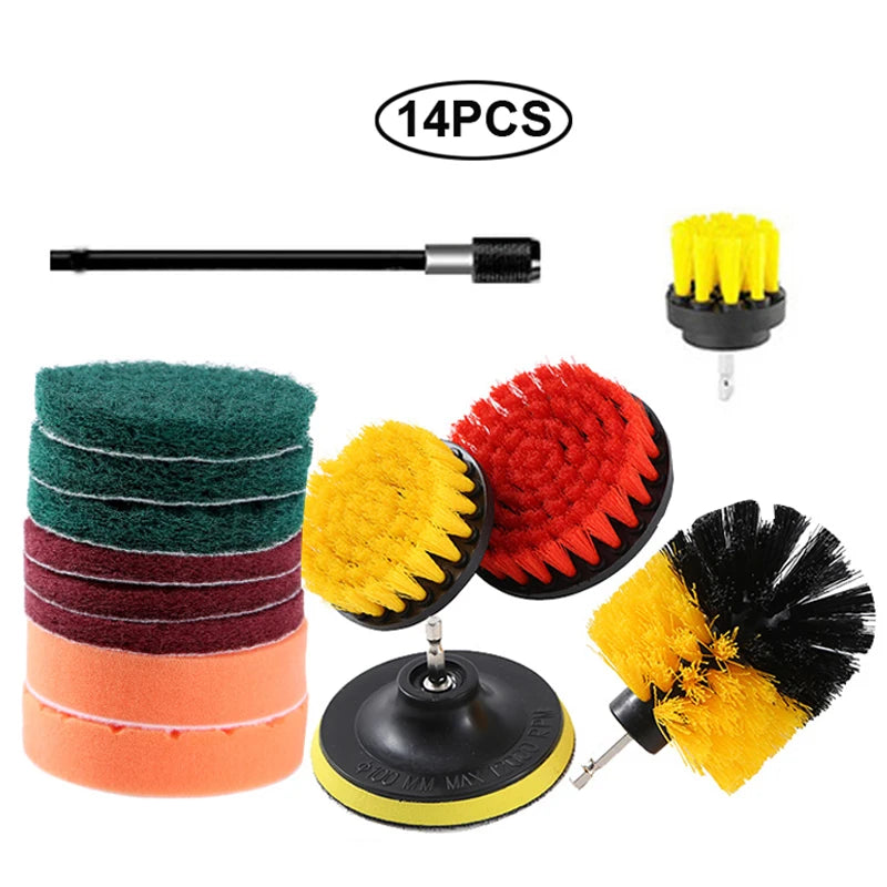 A set of 14 power drill brush attachments including a brush, yellow and red bristles, and various cleaning tools.