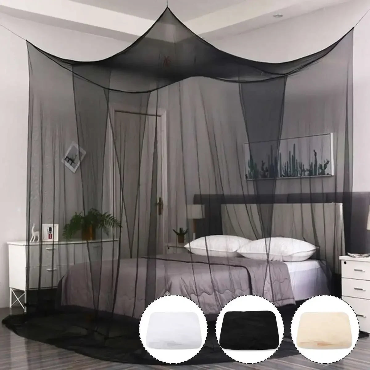 Elegant lace canopy mosquito net draped over a bed for queen and king size