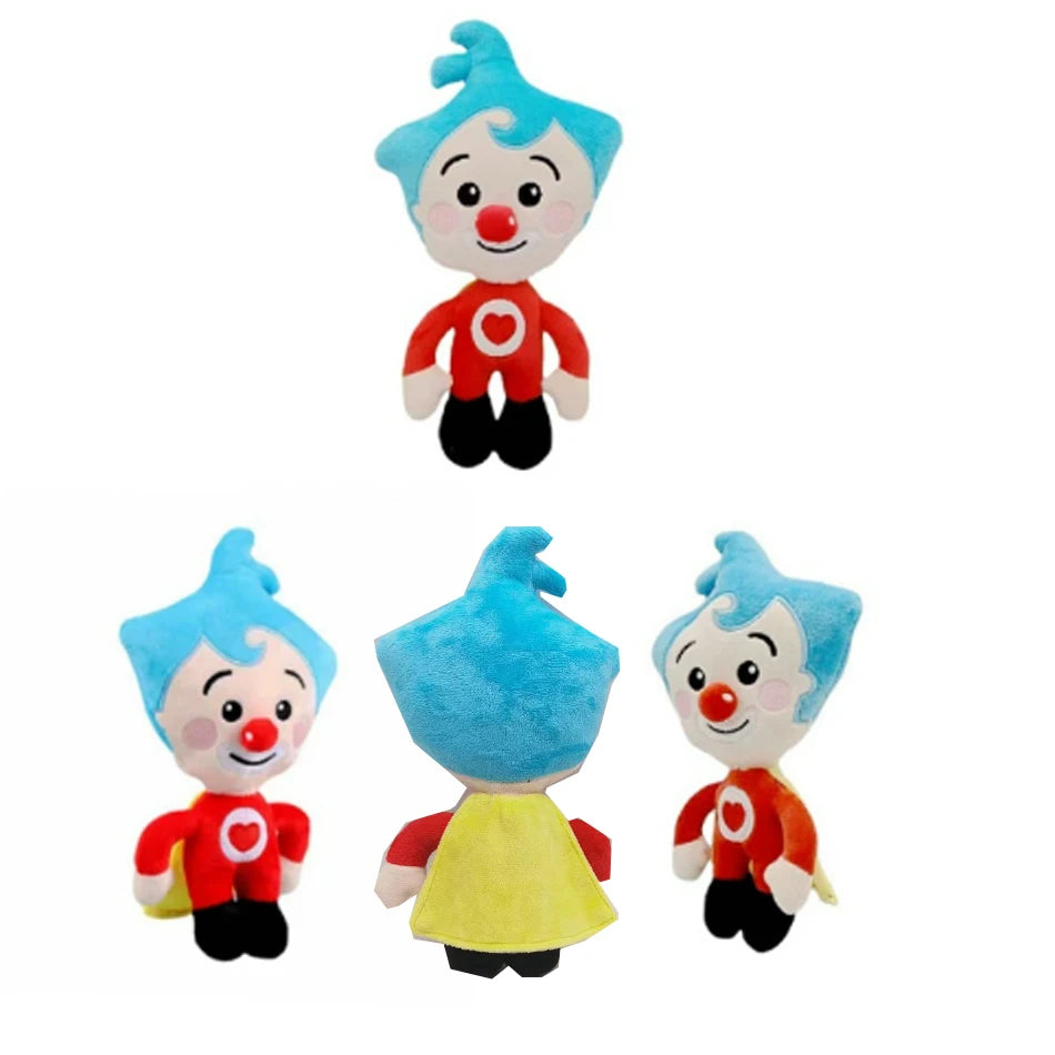 A plush toy of a blue clown character with a red nose and outfit.