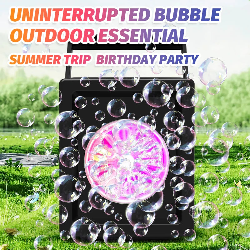 A black handheld bubble blower is shown surrounded by many iridescent soap bubbles on a green lawn.