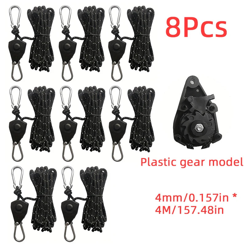 Eight pieces of black plastic gear model rope tighteners with metal hooks and ratchet locks