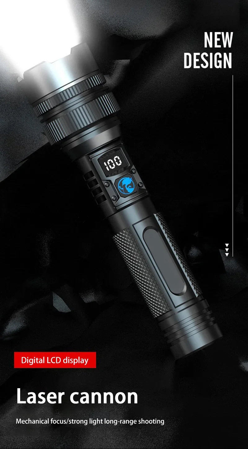 A close-up view of a black laser cannon flashlight with a digital LCD display and textured grip.