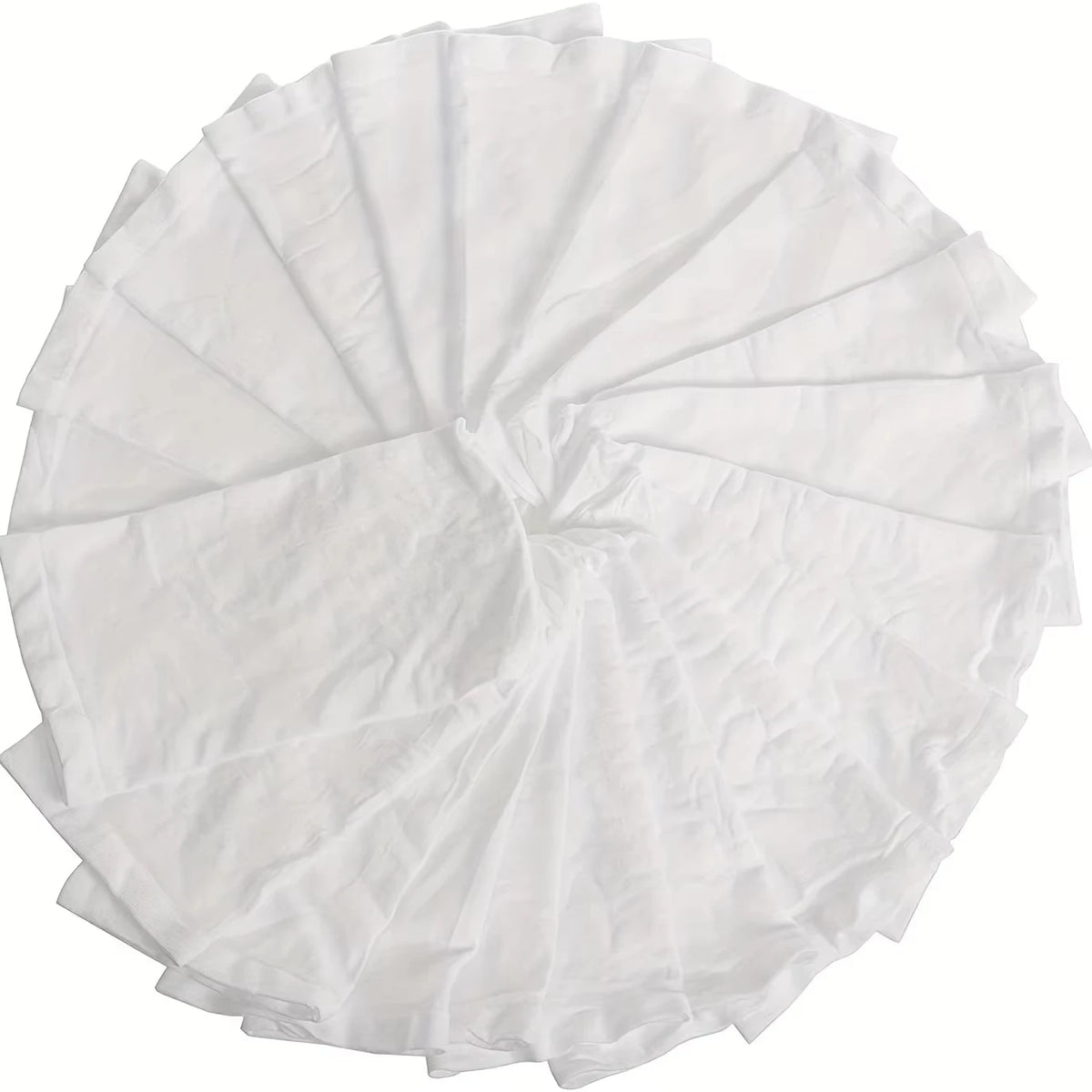 A stack of white reusable pool skimmer socks folded into a fan shape.