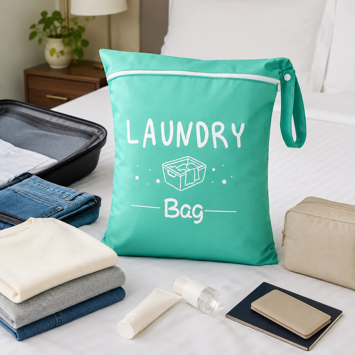 A teal laundry bag is displayed on a white surface next to folded clothes and toiletries.
