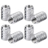 A set of four knurled aluminum tire valve caps shown in various views.