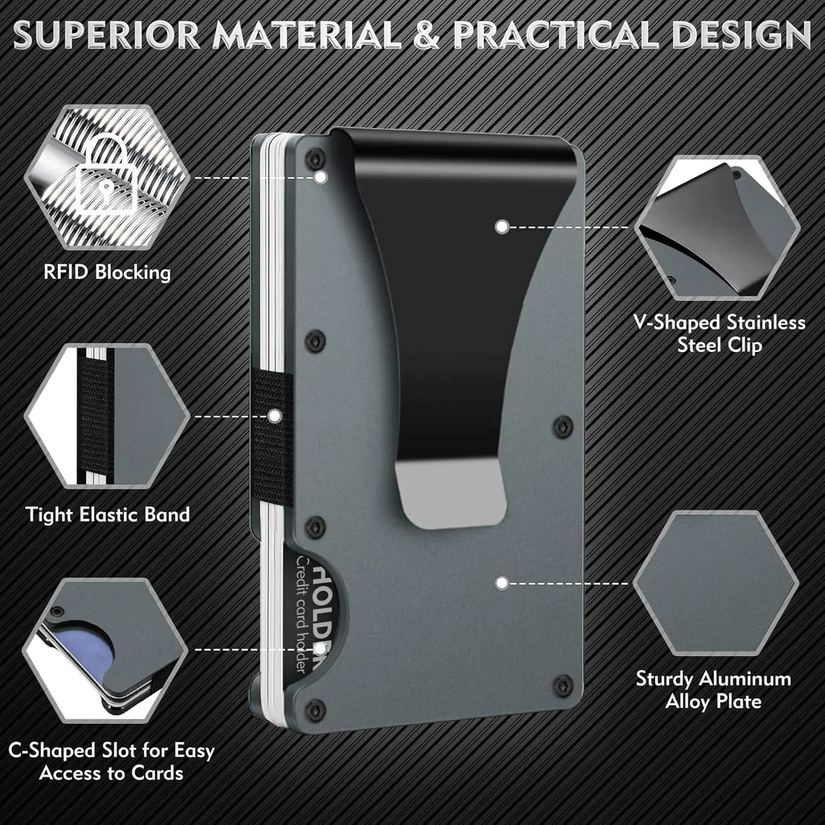 A slim gray aluminum wallet featuring RFID blocking, a V-shaped stainless steel clip, and a C-shaped slot for cards.