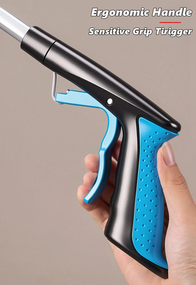 Close-up of an ergonomic handle and grip trigger for a foldable grabber tool with a magnetic swivel head.