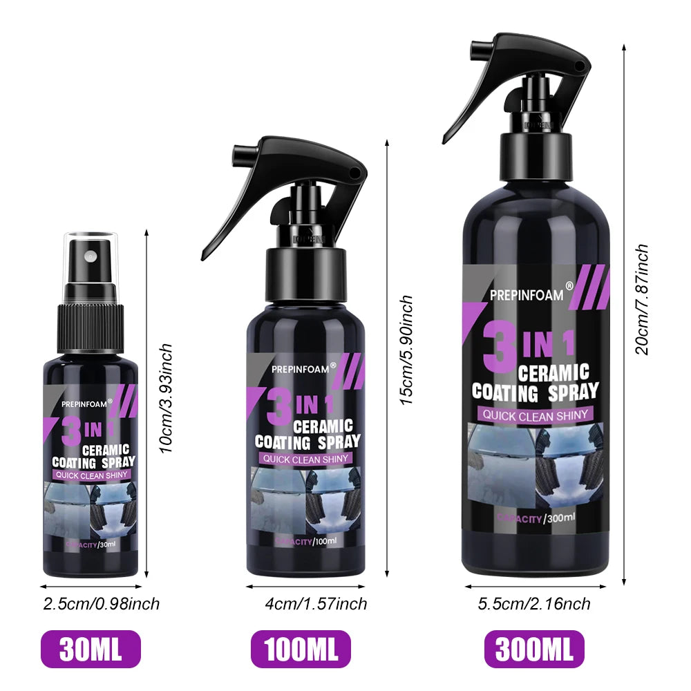 Collection de sprays de revêtement céramique Prepinfoam en divers formats : 30ml, 100ml et 300ml.