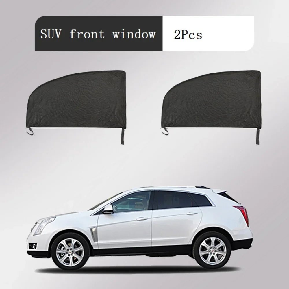 Two black mesh sun shade covers for a SUV front window shown next to a white car.