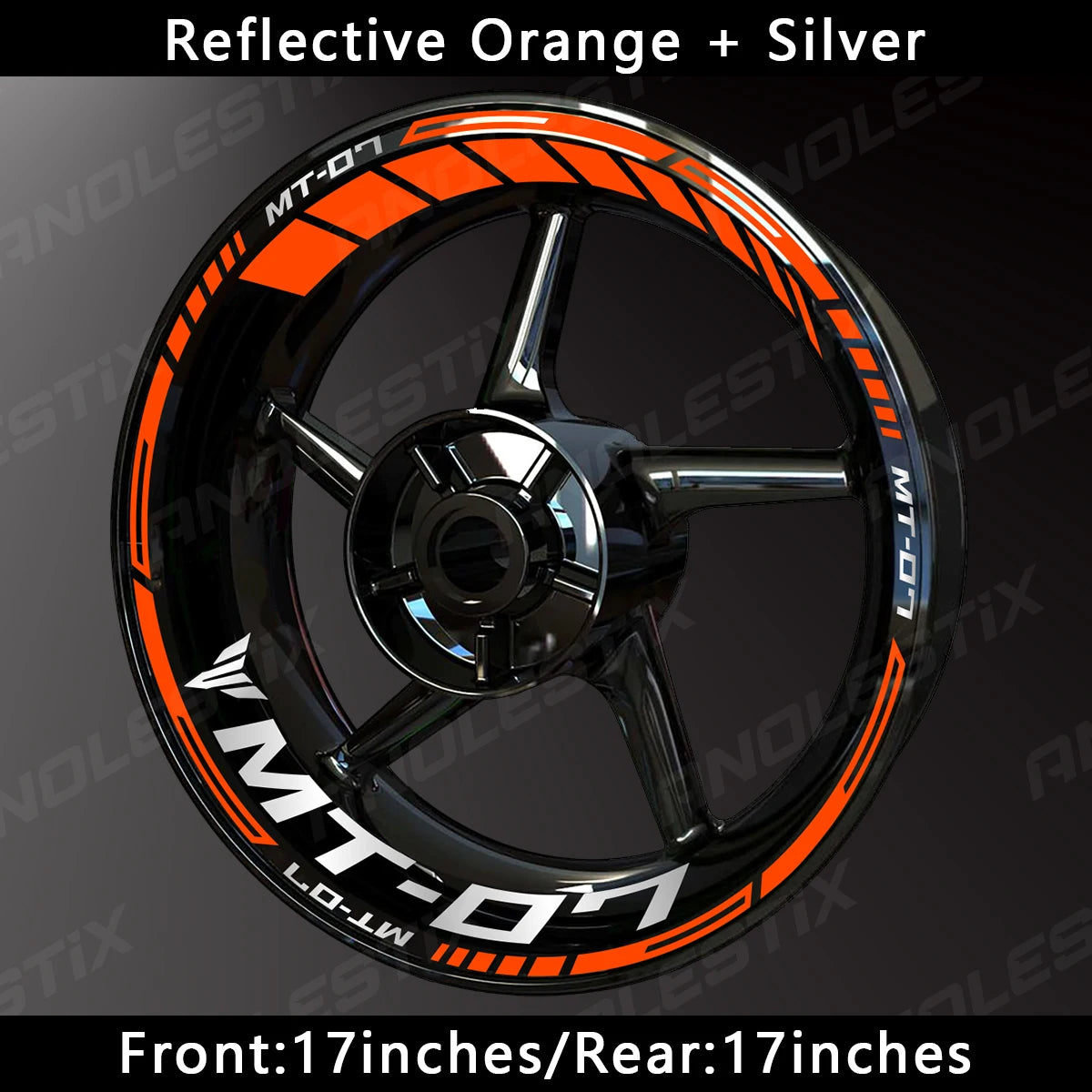 Reflective orange and silver decals for an MT-07 motorcycle wheel rim.