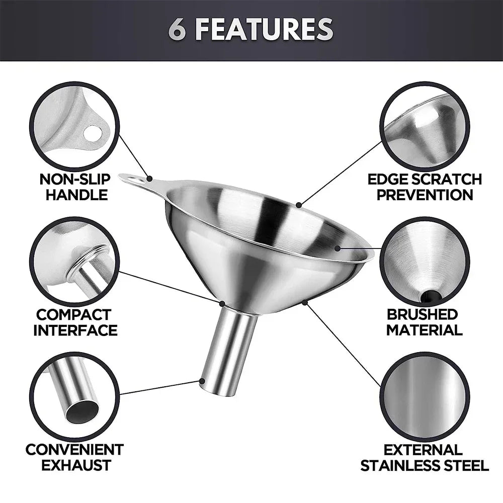 Stainless steel kitchen funnel set featuring a non-slip handle, compact interface, convenient exhaust, and edge scratch preve