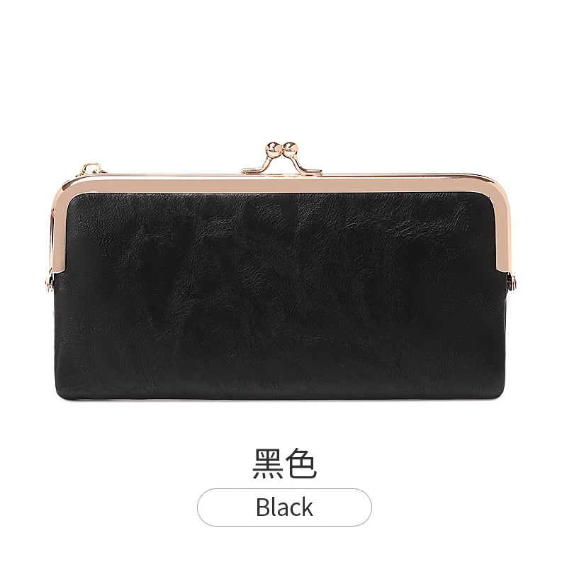 Black vintage kiss lock long wallet for women with gold hardware