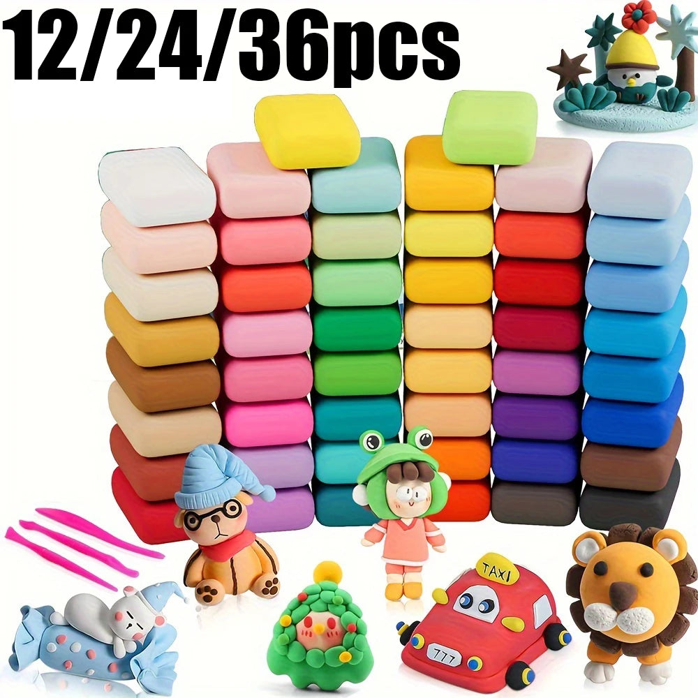A set of air dry clay modeling colors in various shades stacked in rows, along with tools and animal figures.