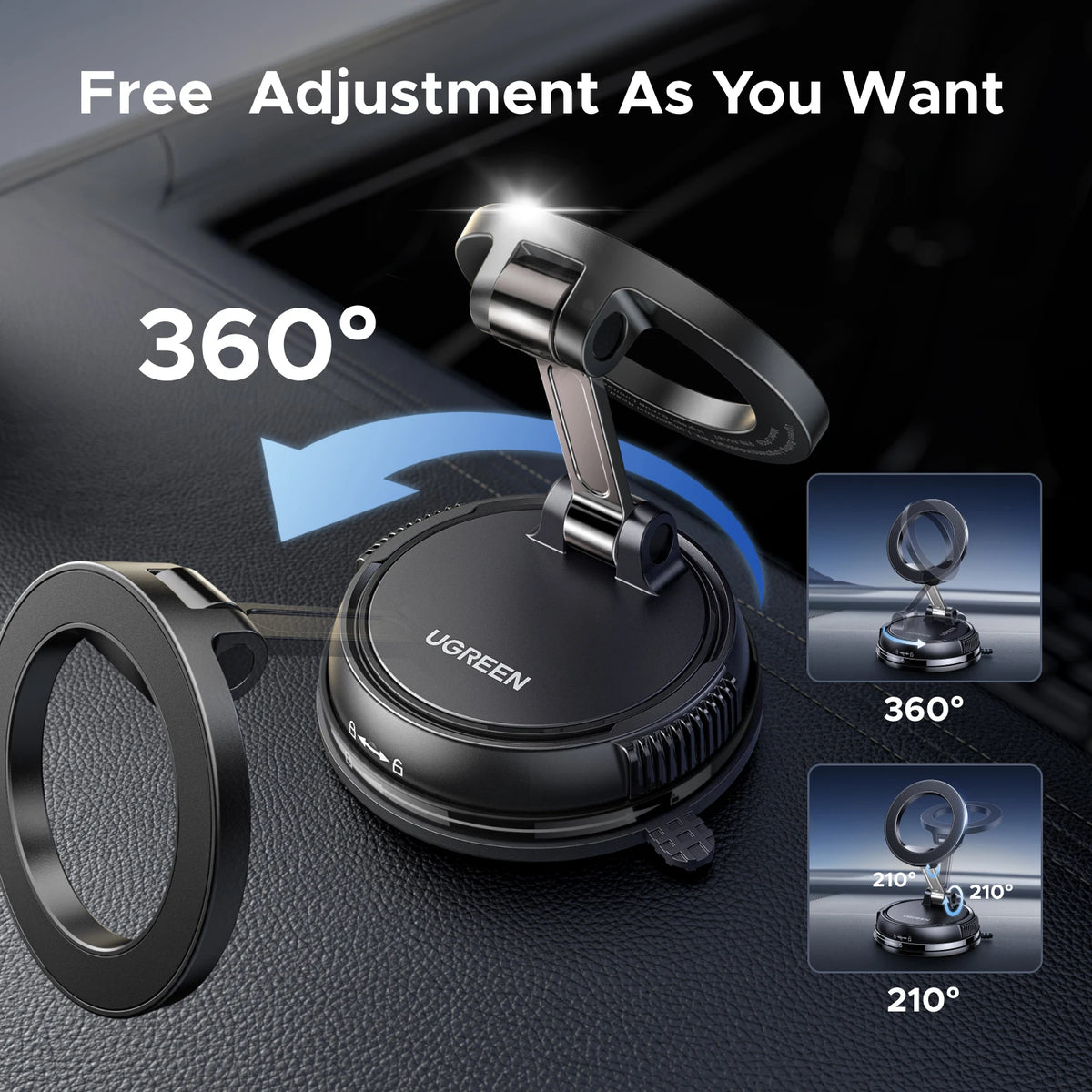 A magnetic car phone mount with a suction cup and 360-degree rotation shown on a dark surface.