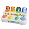 A white toy featuring several animal figures in colorful compartments for sensory learning and fine motor skills.