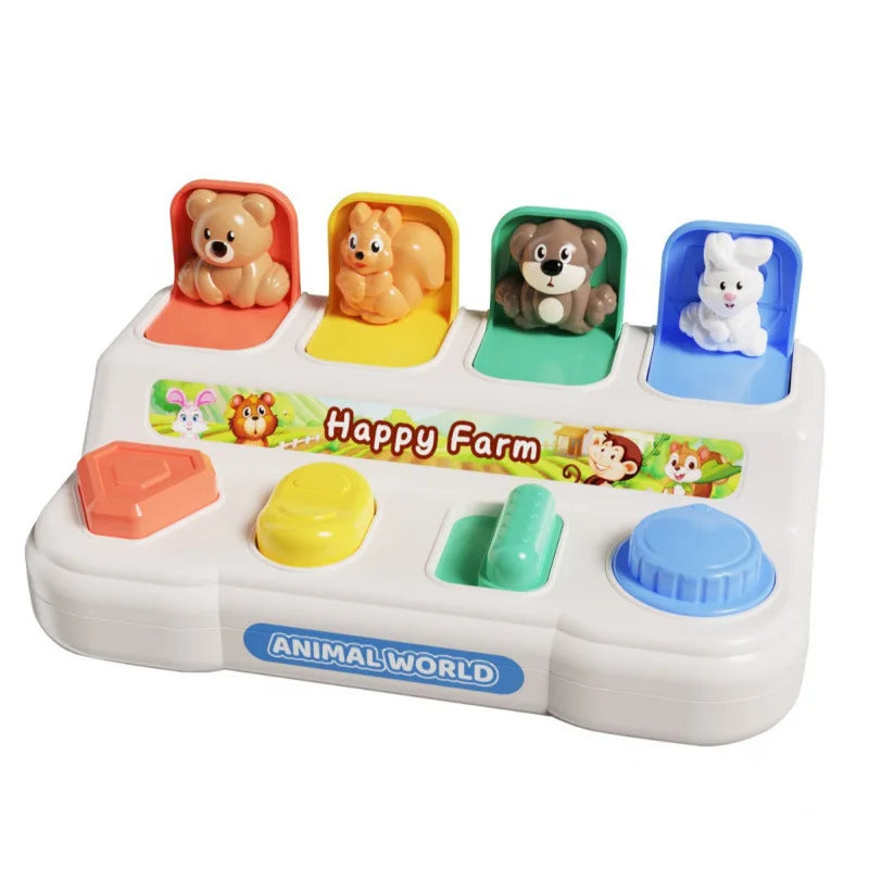 A white toy featuring several animal figures in colorful compartments for sensory learning and fine motor skills.