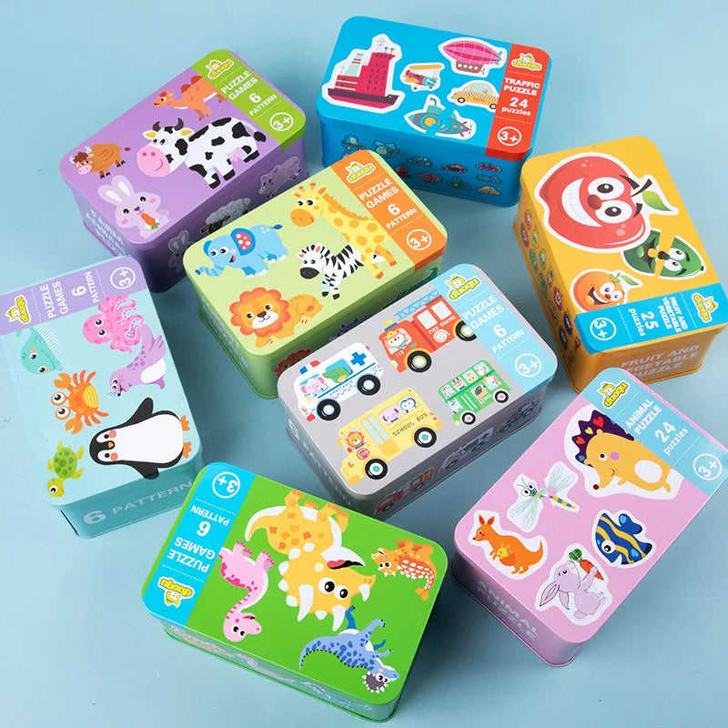 A collection of colorful wooden animal and vehicle puzzle games in various box sets.