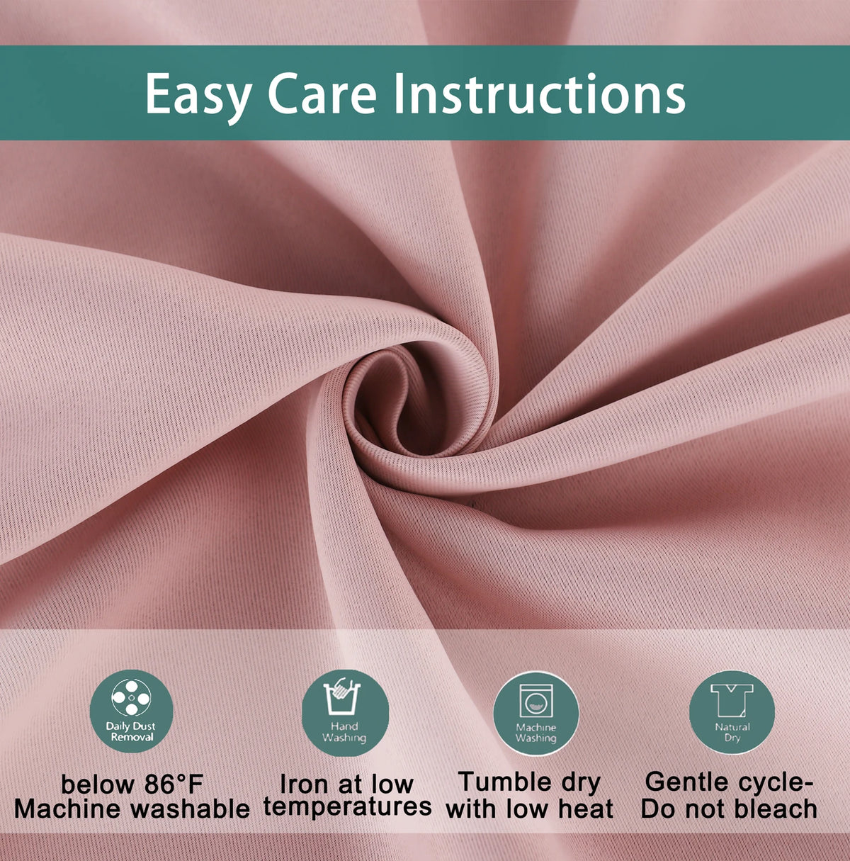 Pink dual layer window curtains showing easy care instructions and fabric texture