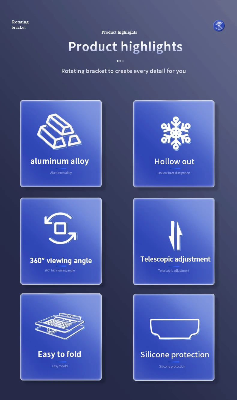 Product highlights showing features like aluminum alloy, hollow out design, 360° viewing angle, telescopic adjustment, easy f
