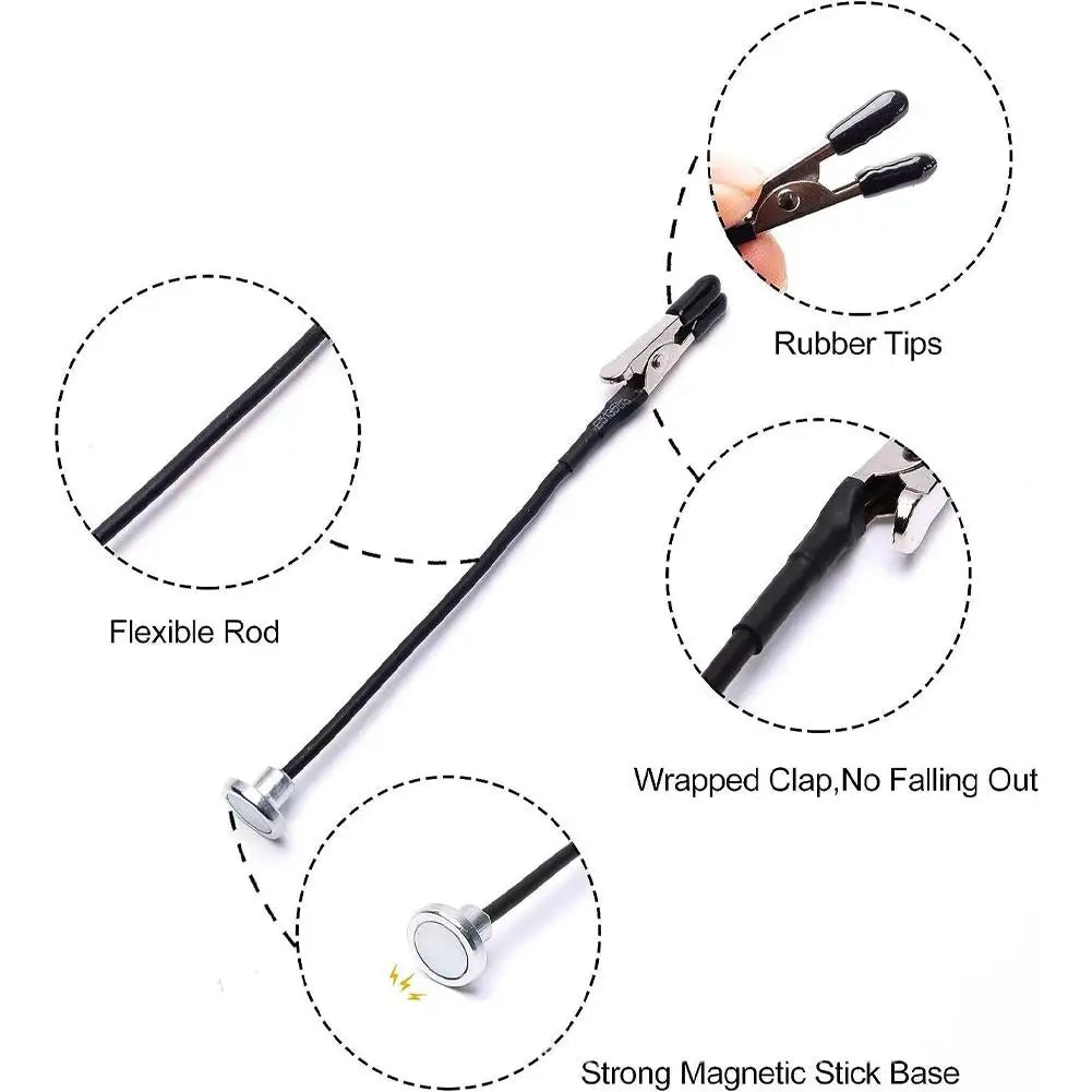 Magnetic helping hands tool showing the flexible rod, rubber tips, and strong magnetic stick base.