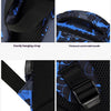 Close-up views of a black and blue school backpack set showing various features like hanging straps, handles, stitching, and 