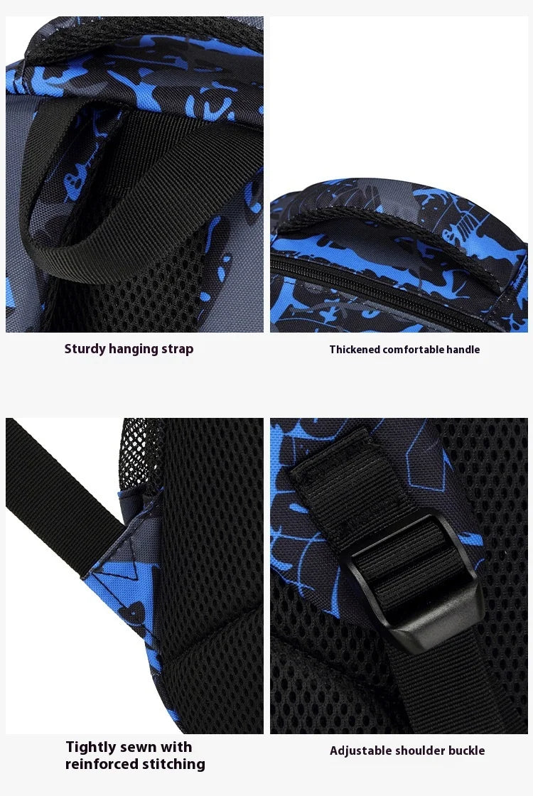 Close-up views of a black and blue school backpack set showing various features like hanging straps, handles, stitching, and 