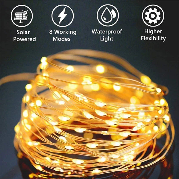 A bundle of warm yellow LED string lights is shown, highlighting features like solar power and waterproof light.