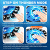 Hands press buttons on a blue electronic game board to trigger sounds and a bomb for a fast-paced word game.