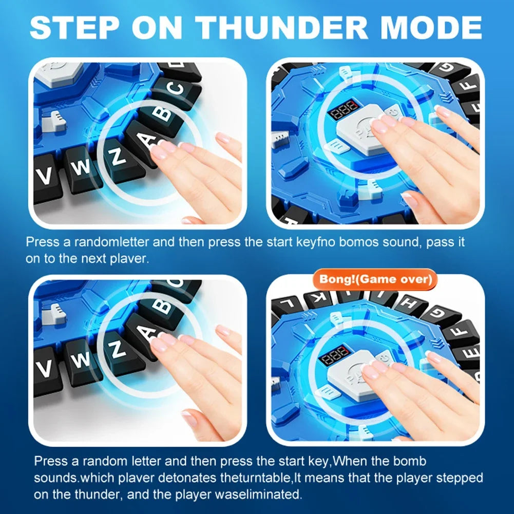Hands press buttons on a blue electronic game board to trigger sounds and a bomb for a fast-paced word game.
