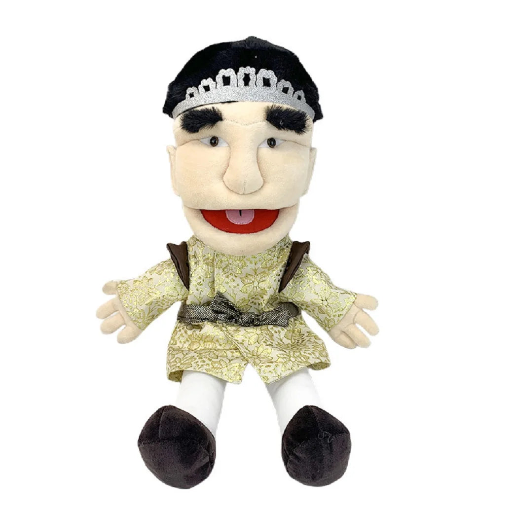 A plush toy of Jeffy featuring black hair, a crown, and a light yellow outfit.