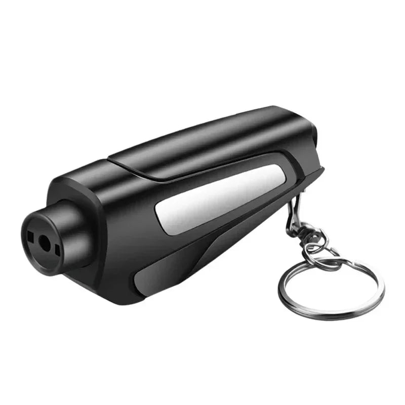 A black compact car emergency escape tool with a window breaker and seatbelt cutter attached to a metal chain.
