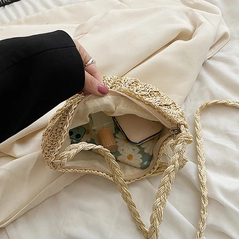 Handwoven Straw Semicircle Crossbody Bag with Tassel