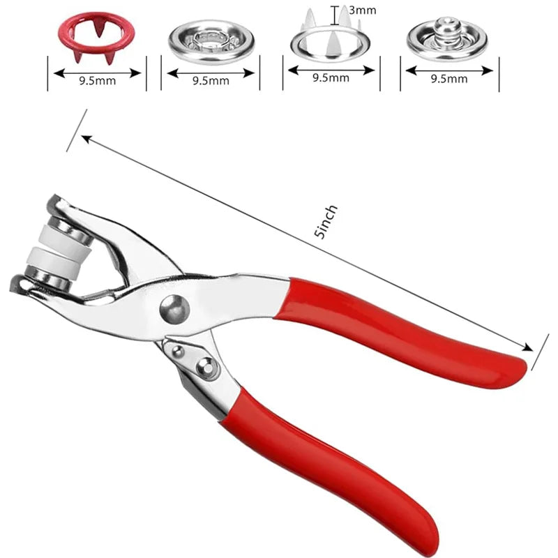A pair of silver metal snap buttons with a red handle shown next to various sizes and a pair of pliers.