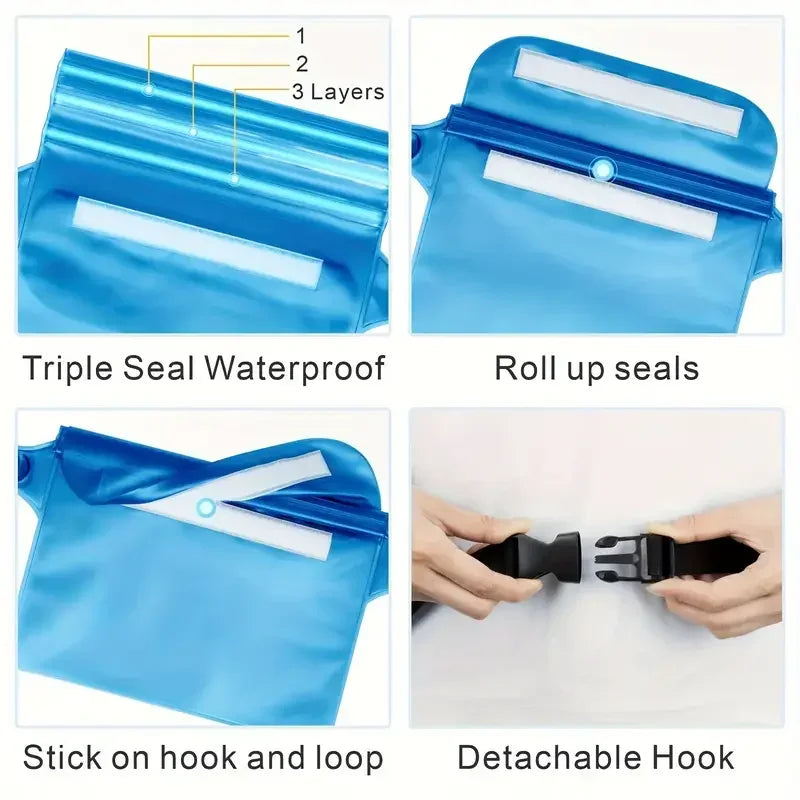 Blue triple seal waterproof phone pouch with roll up seals and a detachable hook and loop