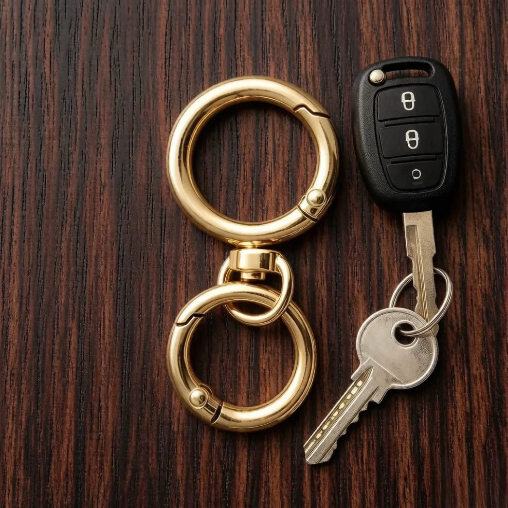 A set of round gold spring snap hooks and a key with a black fob are displayed on dark wood.