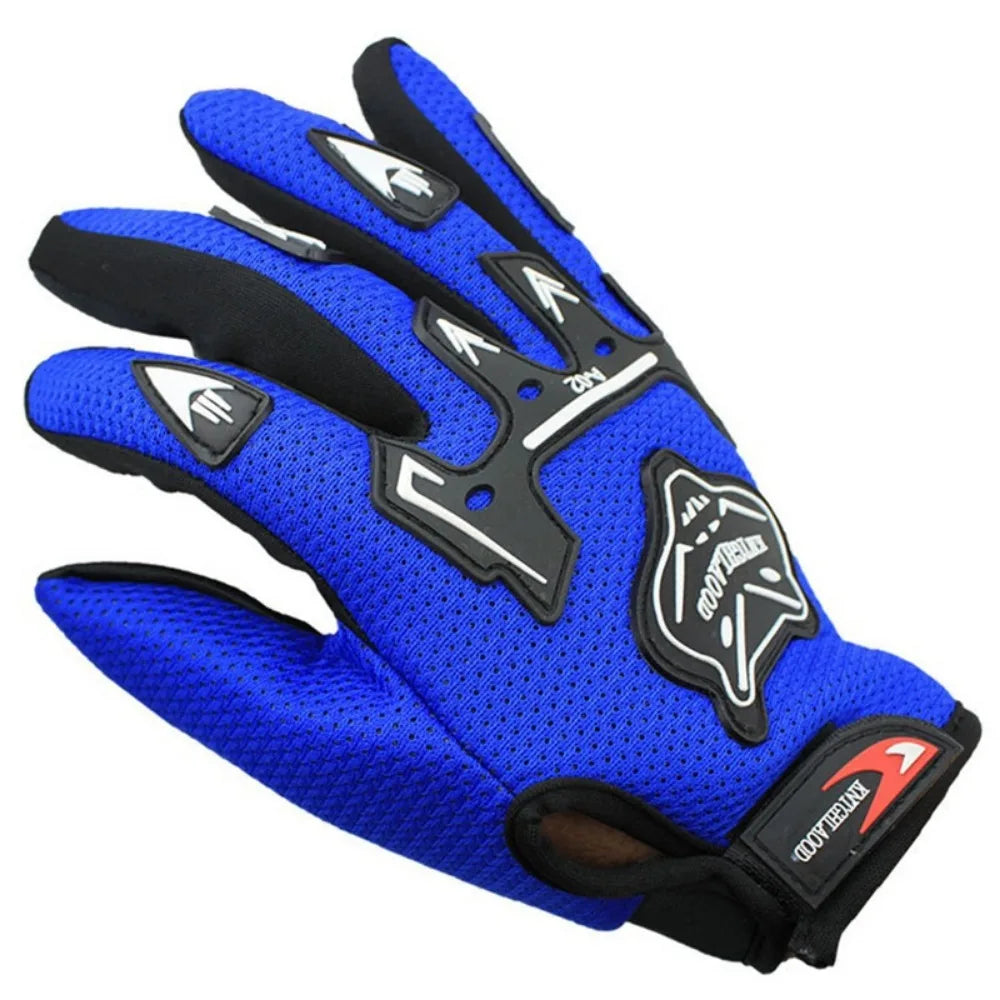Blue and black full finger nylon riding gloves with anti-slip grip
