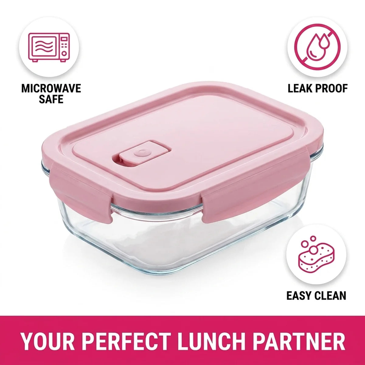 Recipiente de vidrio hermético rosa con tapa, apto para microondas, a prueba de fugas y fácil de limpiar.