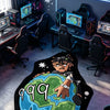 A cartoon rug featuring Juice WRLD 999 on a globe design in a gaming room setting.