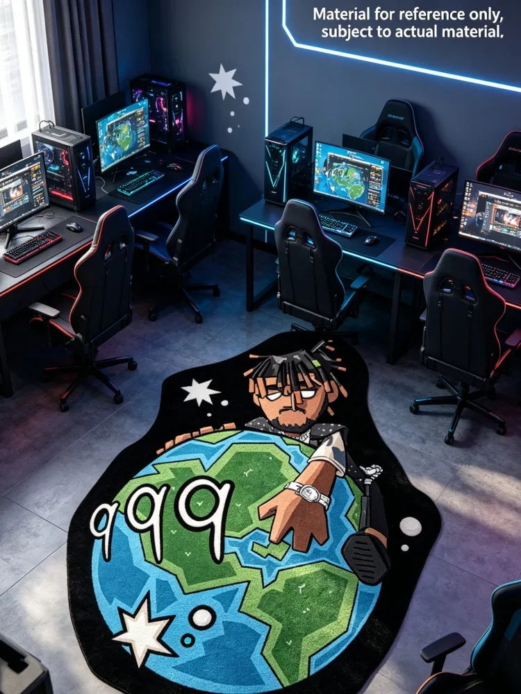 A cartoon rug featuring Juice WRLD 999 on a globe design in a gaming room setting.