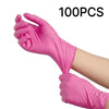A hand wearing a bright pink disposable nitrile glove is shown, with the text 100PCS visible.