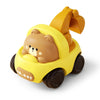 A yellow push-and-go toy car shaped like a brown bear, featuring an open hood.
