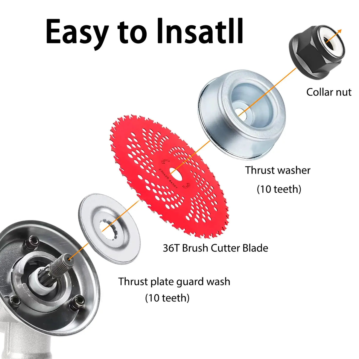 Components of a brush cutter blade including a collar nut, thrust washer, and 36T brush cutter blade.