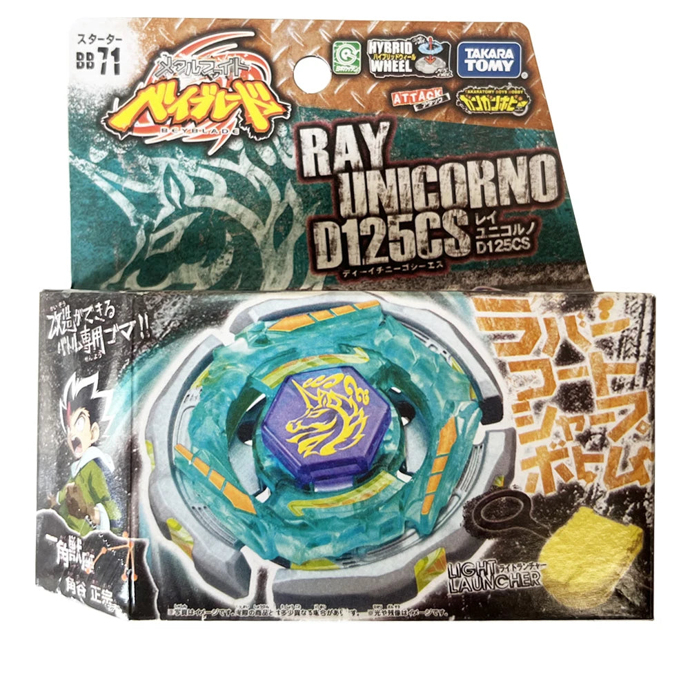 A box and a metal spinning top toy featuring the Ray Unicorn D125CS model.