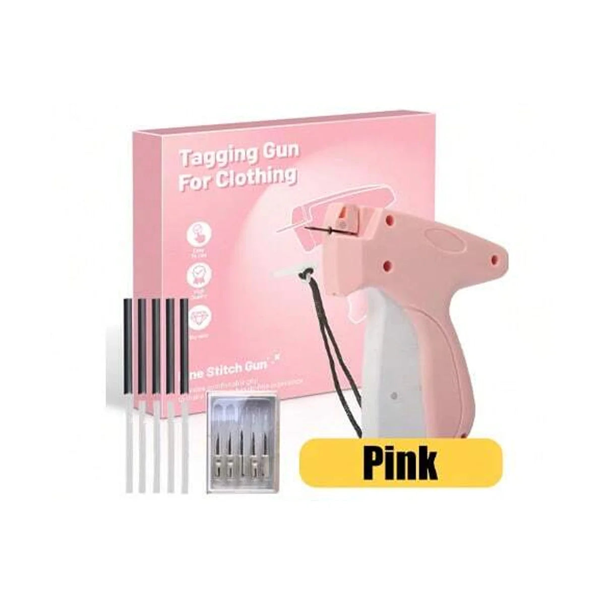 Pink tagging gun for clothing with needles and fasteners shown in a box.