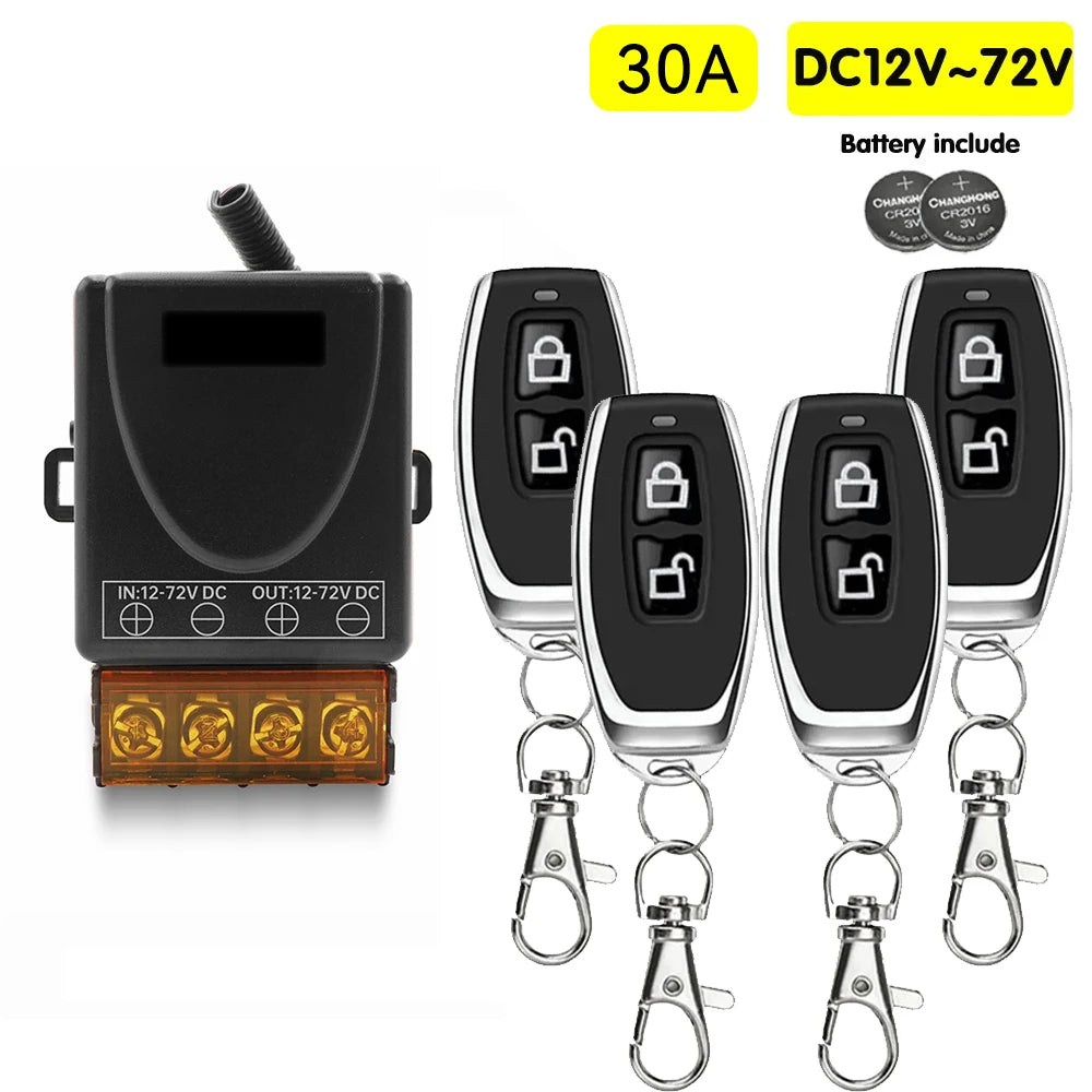 A black relay switch module with a battery included and several pendant remote controls for 12-72V DC operation.